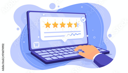 Customer satisfaction feedback review concept, buyer using laptop to rate a product or service with five star rating, online shopping cart icon, positive evaluation, excellent experience, digital