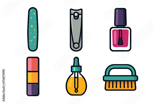 Colorful collection of manicure and pedicure tools including nail file, clipper, polish, buffer, and oil dropper
