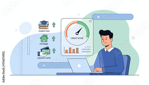 Online credit score ranking concept with a man working on a laptop, credit score meter, bar chart, and icons representing student loans, mortgage, and payment cards, illustrating financial health and