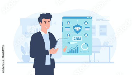 Modern Flat Illustration of a Businessman Interacting with a CRM Interface, Showcasing Customer Relationship Management Software Concept with Sales Control Charts and Partnership Icons, Ideal for