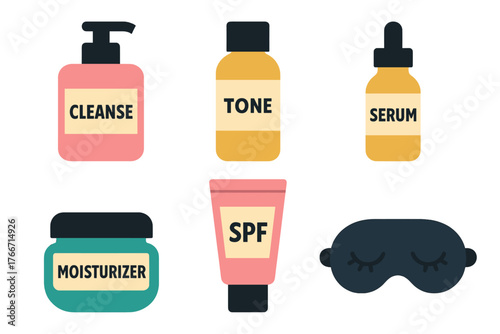 Daily and nightly beauty regimen essentials featuring cleanser, toner, serum, moisturizer, sun protection, and eye mask