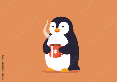 Cute cartoon penguin holding a festive red mug of hot beverage with steam, celebrating the natal season with warmth and joy