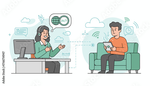 Customer service hotline operator wearing headset and smiling, assisting a confused customer holding a tablet, symbolizing 24/7 global support and digital communication challenges in a modern flat
