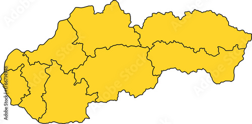Yellow vector political map of Slovakia national outline with all 8 regions (kraje) internal boundaries, filled with a solid yellow color, presented as a map of the Central European country.