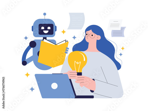 Ai robot assistant holding book and learning from data. Vector art of woman with robot reading a book. vector illustration