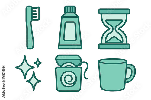 Collection of dental hygiene icons including toothbrush, toothpaste, floss, and timer