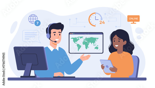 Vibrant illustration of a male customer service hotline operator wearing a headset, sitting at a computer with a world map displayed, advising a female client holding a tablet, symbolizing global