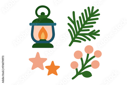 Cozy winter holiday elements set featuring a glowing lantern, pine branch, berries, and stars
