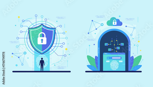 Digital security concept illustration featuring a shield with a padlock, fingerprint scan, and network nodes, representing user identification and data protection in a modern technological landscape.