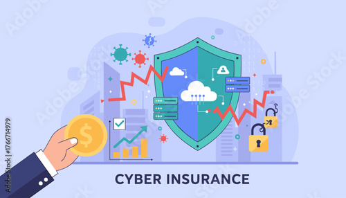 Cyber Insurance Concept: A Modern Flat Vector Illustration Depicting Financial Security Against Digital Threats, Featuring a Hand Holding a Gold Coin, a Shield Protecting Cloud Data, Servers