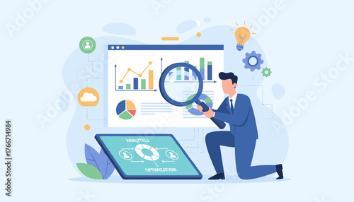 Business analytics and financial research concept, a man in a suit examines charts and graphs with a magnifying glass, symbolizing data analysis, optimization, and strategic decision-making for