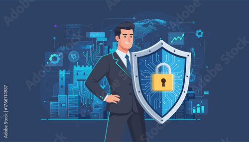 A confident businessman in a suit stands proudly holding a large, digital shield with a golden padlock, symbolizing cyber security and data protection, against a backdrop of futuristic technology