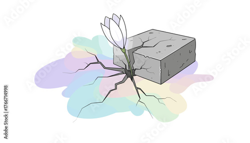 A delicate white flower bravely emerges from a cracked concrete block, symbolizing resilience, hope, and new beginnings against adversity, with soft pastel colors radiating from its base