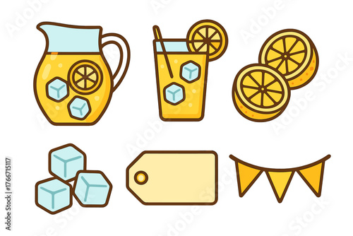 Refreshing summer lemonade drink elements with pitcher, glass, lemon slices, and ice