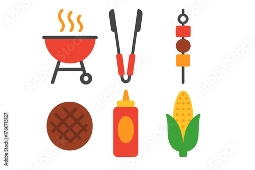 Essential barbecue and grilling food items including grill, meat patty, tongs, and corn