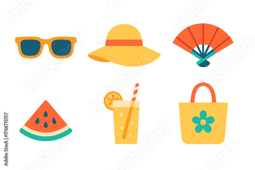 Colorful summer vacation essentials set with sunglasses sun hat refreshing drink and beach bag