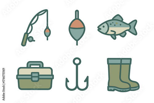 Collection of essential fishing equipment items including rod, reel, tackle box, hook, and bobber