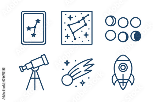 Set of astronomical icons featuring constellations, lunar phases, telescope, and spacecraft
