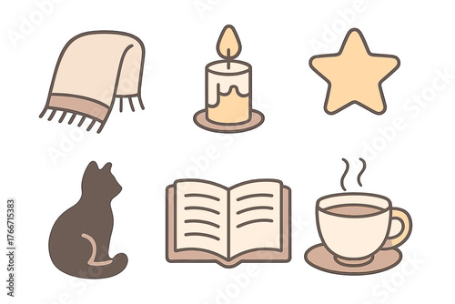 Cozy comfort items collection featuring a warm blanket, lit candle, sitting cat, open book, and hot coffee