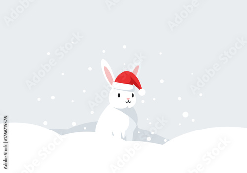 A cute white bunny wearing a Santa hat sits in the snow during winter, evoking a festive and adorable natal atmosphere