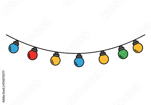 Vibrant natal garland with colorful light bulbs hanging on a string, a festive decoration for Christmas and holiday celebrations. Vector illustration
