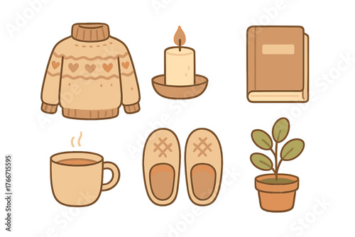 Warm sweater, lit candle, book, steaming coffee mug, slippers, and houseplant essentials