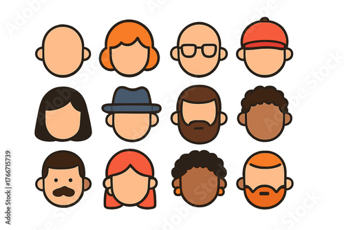 Diverse set of human avatar heads with various hairstyles and facial features
