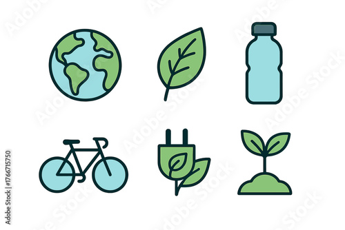 Set of colorful ecology and environment icons including Earth globe, green leaf, water bottle, bicycle, and electric plug