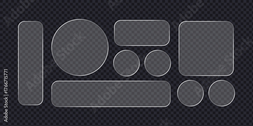 Transparent Glass shape set. Light frame liquid glass, glass panel set for mobile and web app, White ui light frame square and circle banner. HUD design element interface,.vector illustration