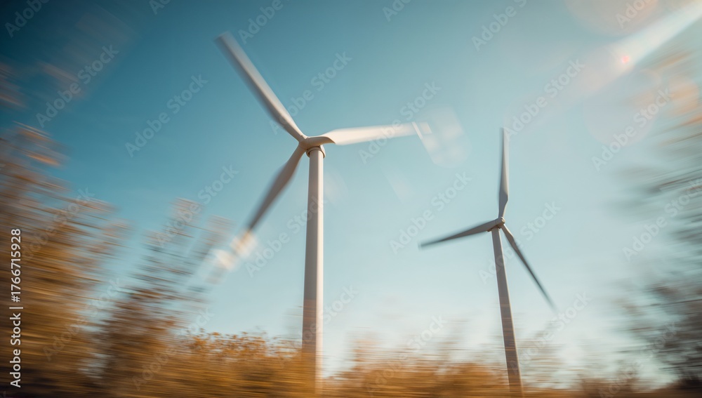Fototapeta premium Spinning two white wind turbines rising above wind farm, with blurred shrubs grasses amid clear sky