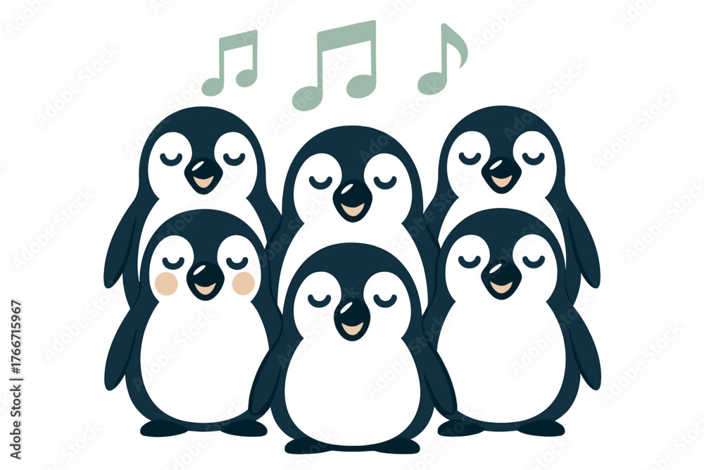 Fototapeta premium Cute cartoon penguins singing together in a choir group with musical notes floating above their heads