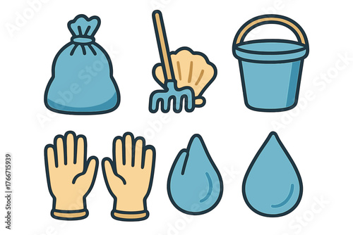 Collection of cleanup equipment symbols including protective gloves, bucket, garbage bag, rake, and water drops