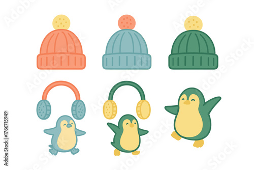 Adorable cartoon penguins wearing colorful knitted winter hats and earmuffs