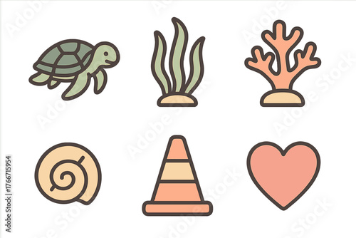 Simple outlined icon set featuring marine animals, a traffic cone, and a heart symbol