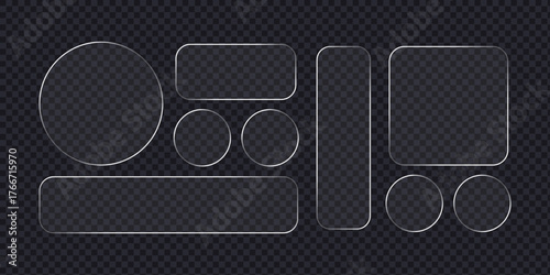 Transparent Glass shape set. Light frame liquid glass, glass panel set for mobile and web app, White ui light frame square and circle banner. HUD design element interface,.vector illustration