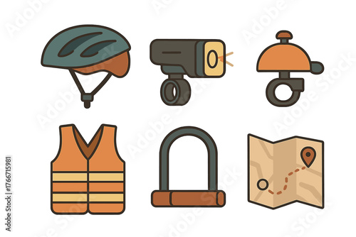 Essential bicycle safety equipment collection including helmet, headlight, bell, reflective vest, lock, and map