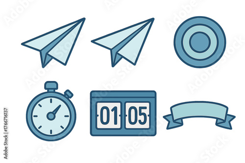 Blue business and communication symbols featuring paper airplanes, target, stopwatch, and ribbon banner