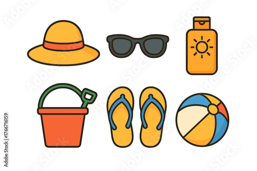 Set of essential summer vacation and beach holiday accessories including sun hat and sunscreen