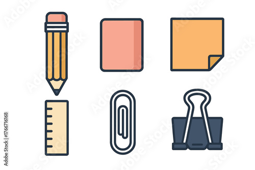 Collection of essential stationery items: pencil, ruler, eraser, paper clip, and binder clip