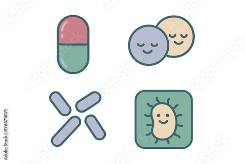 Set of health and wellness icons featuring medicine capsule, probiotics, and various bacteria shapes