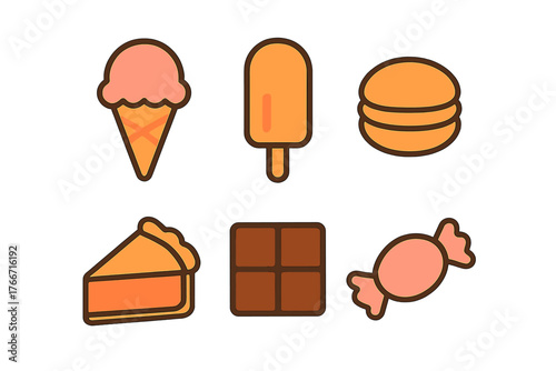 Stylized set of sweet desserts: ice cream, popsicle, macaron, pie, chocolate bar, and wrapped candy