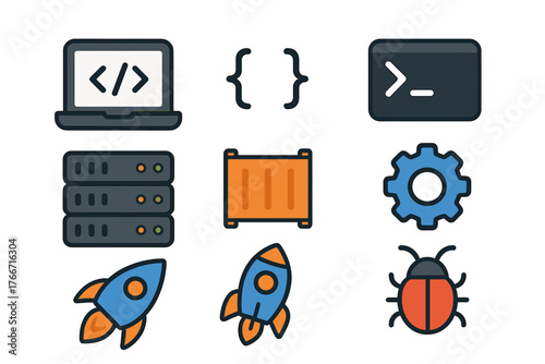 Colorful flat icons set for software development, coding, programming, and technology concepts
