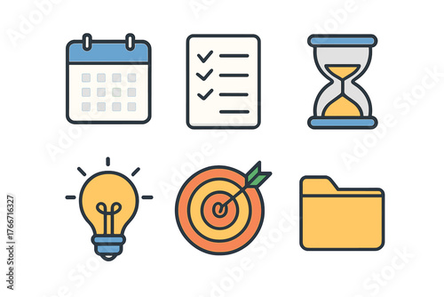 Business planning and productivity symbols: calendar, checklist, hourglass, and target