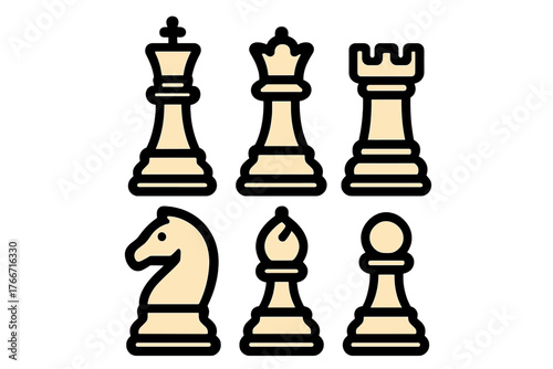 Complete set of classic chess game pieces including king queen rook knight bishop and pawn icons