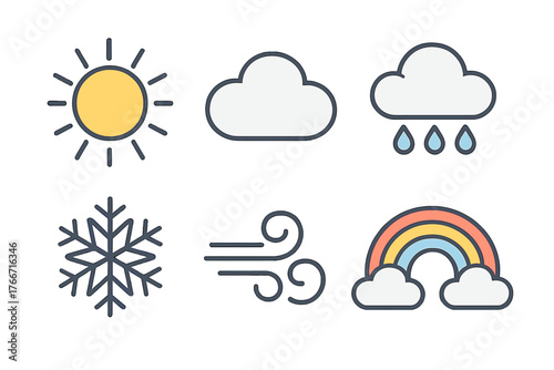 Colorful weather forecast symbols showing sun cloud rain snow wind and rainbow