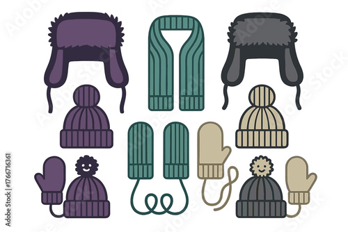 Cozy winter accessories featuring hats, scarves, and mittens in a muted color palette