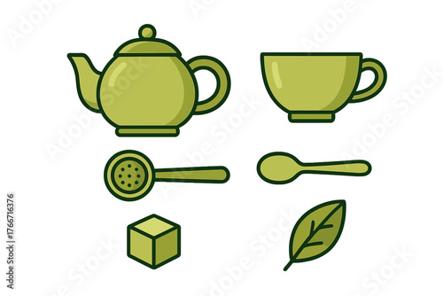 Set of green graphic symbols for tea preparation including teapot teacup spoon and leaf