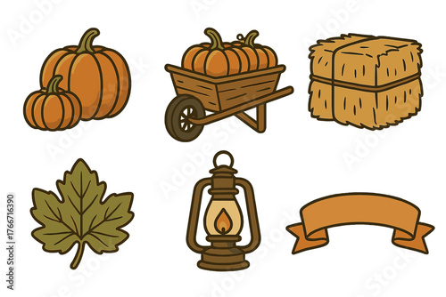 Rustic autumn harvest symbols featuring orange pumpkins, wooden wheelbarrow, hay bale, green leaf, and old kerosene lamp