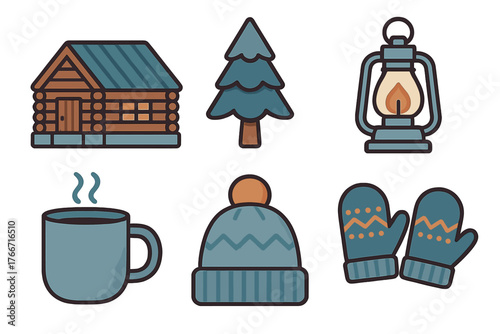 Cozy winter outdoor essentials set with cabin, pine tree, lantern, hot mug, hat, and mittens