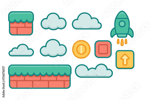 Colorful classic arcade video game elements: brick blocks, floating clouds, gold coin, and rocket ship